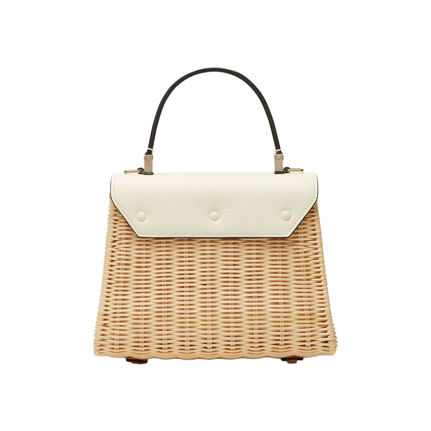 Light Natural Woven Off-White Angular Envelope Compact Trapezoid Hand Bag With Rectangular Metallic Flap Clasp, Contrast Curved Top Handle And Matching Slim Side Carry Strap