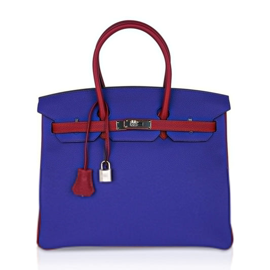 Vivid Electric Cobalt Garnet Scarlet Dual-Tone Color Block Spacious Structured Hand Tote With Subtle Soft Pebbled Grain, Brushed Silvery Twist Lock Hardware And Matching Scarlet Suspended Decorative Tag Polished Metal Padlock Charm