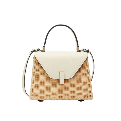 Light Natural Woven Off-White Angular Envelope Compact Trapezoid Hand Bag With Rectangular Metallic Flap Clasp, Contrast Curved Top Handle And Matching Slim Side Carry Strap