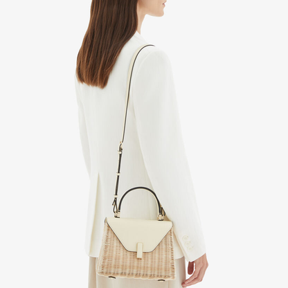 Light Natural Woven Off-White Angular Envelope Compact Trapezoid Hand Bag With Rectangular Metallic Flap Clasp, Contrast Curved Top Handle And Matching Slim Side Carry Strap