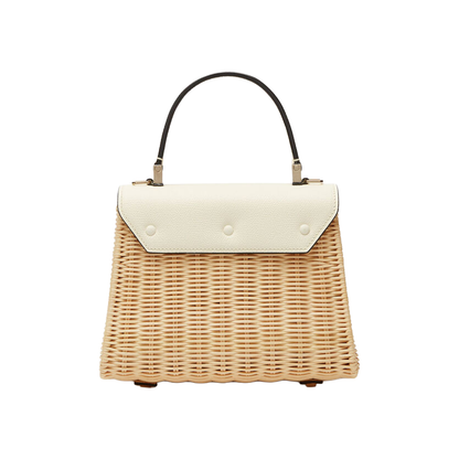 Light Natural Woven Off-White Angular Envelope Compact Trapezoid Hand Bag With Rectangular Metallic Flap Clasp, Contrast Curved Top Handle And Matching Slim Side Carry Strap